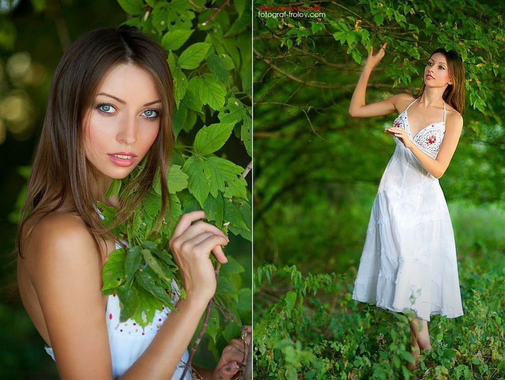 Tender nature photo session of a dreamy girl in white dress among summer trees