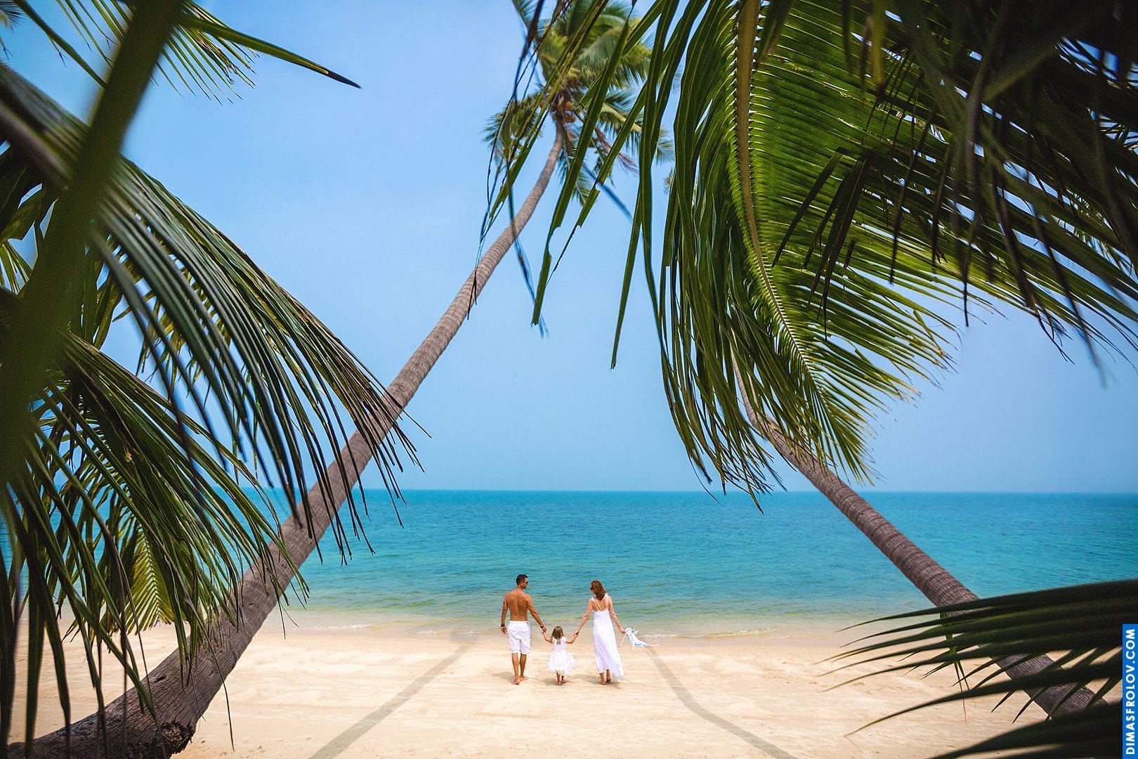 Back-view family photo session by the sea — peaceful tropical setting