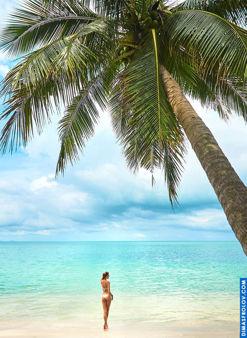 Foto de praia tropical com uma mulher sob uma enorme palmeira inclinada